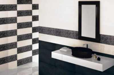 Ang disenyo ng tile para sa banyo: larawan ng itim at puting palamuti